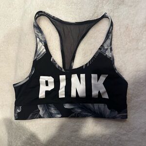 PINK Black and White Leaf Print Sports Bra